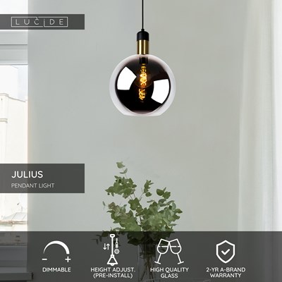 Lucide JULIUS - Pendant light - Ø 28 cm - 1xE27 - Smoke Grey